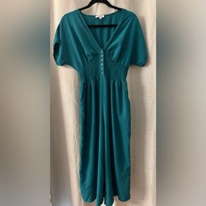 Patrons of Peace Teal Button-Front Smocked Jumpsuit